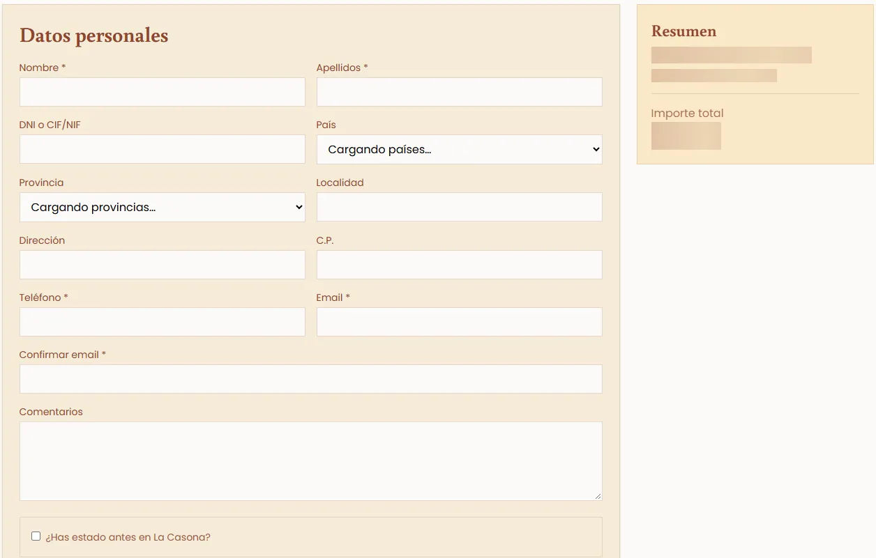 Proceso de consulta y reserva en la web de Casona de Vadocondes